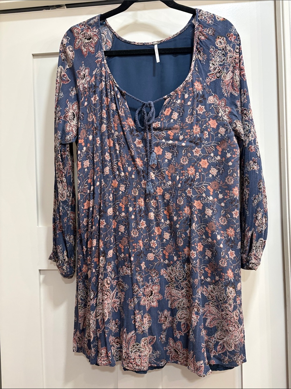Free People Navy Blue Floral-Trim Blouse